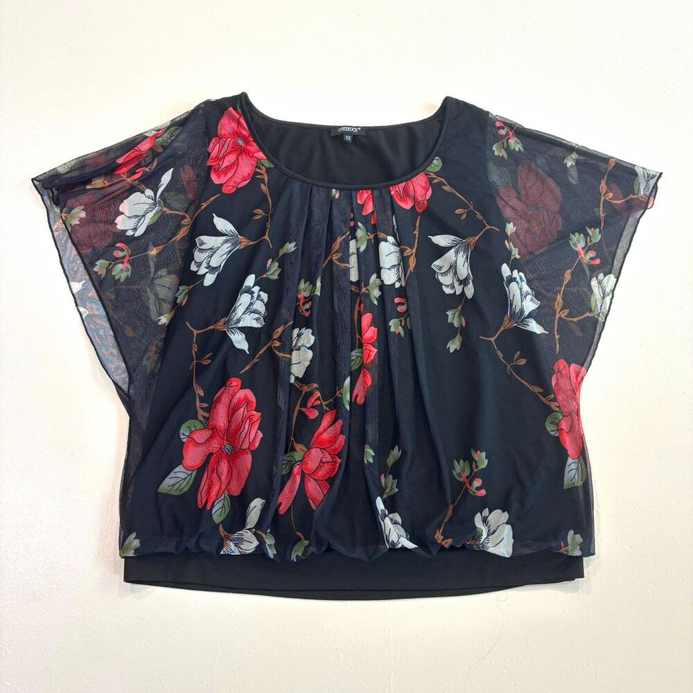 Othyroce XL Black Sheer Floral Pullover Dolman Short Sleeve Pleated with Liner